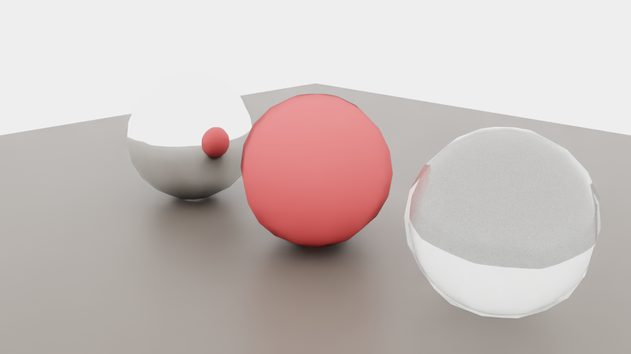RTX RealTime 모드 — Chrome / Matte / Glass 구체와 돔라이트의 GI.