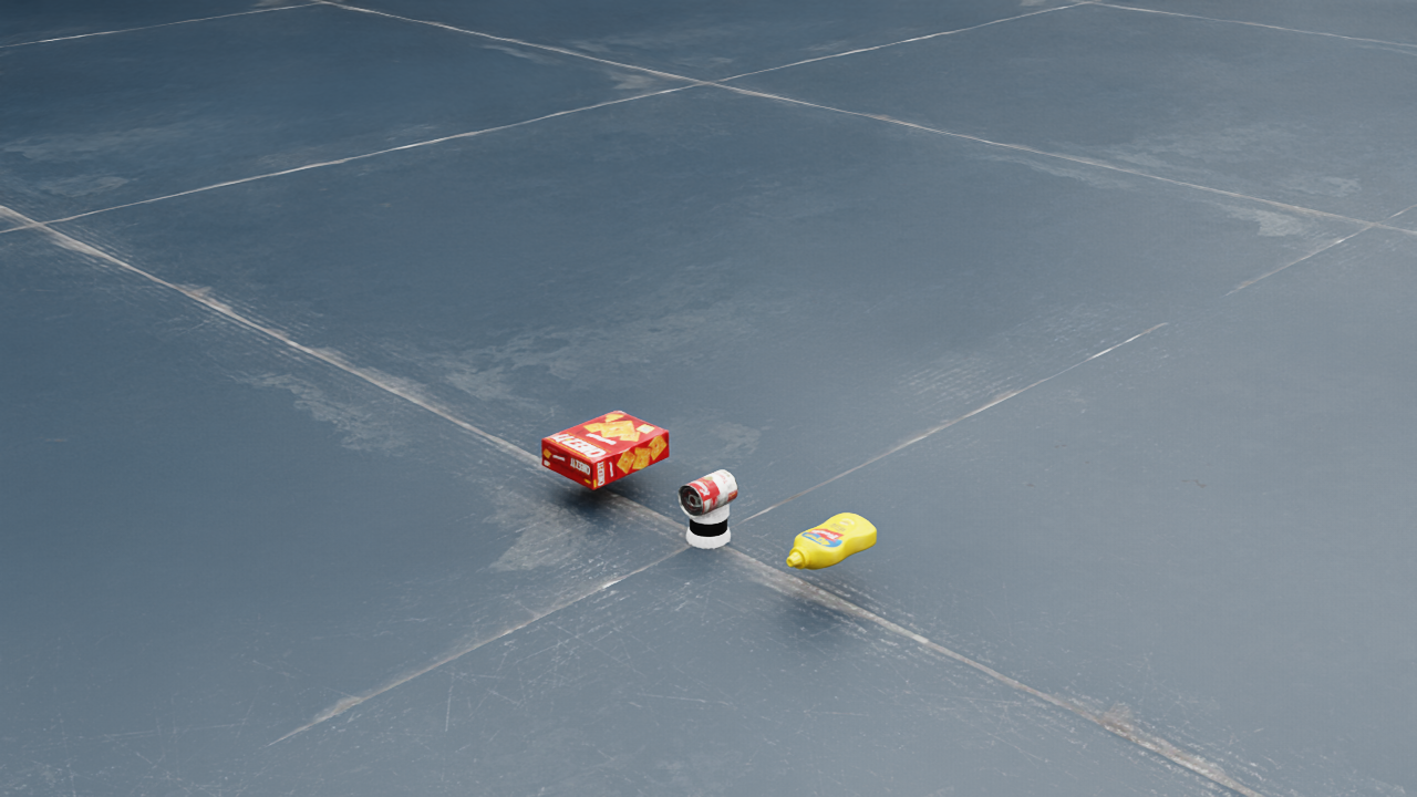 RGB 카메라 뷰 — 창고 바닥에 cracker_box / soup_can / mustard 3종 YCB 물체.