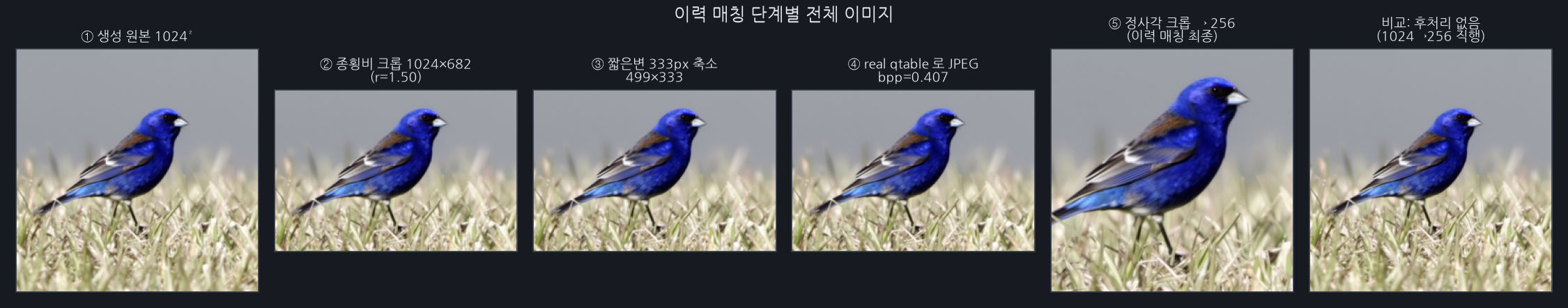 한 장을 골라 각 단계의 산출물을 그대로 늘어놓은 것. 참조로 뽑힌 real 은 짧은 변 333px · 종횡비 1.50 이었고, 이식한 qtable 로 인코딩한 결과 bpp 0.407 이 나왔습니다. 맨 오른쪽이 후처리 없이 1024→256 으로 직행한 비교군입니다.